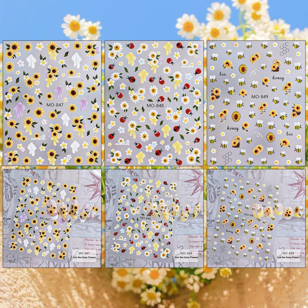 3 To 15 Sheets 5D Sunflower Daisy Nail Stickers Bee Ladybug Flower Decals Self Adhesive Spring Nail Art