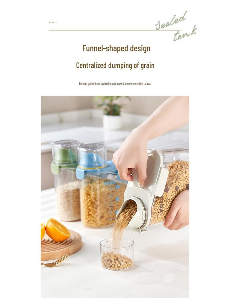 Multi-Grain Storage Canister with Measuring Cup - Sealed Plastic Container for Rice, Flour, and Grains