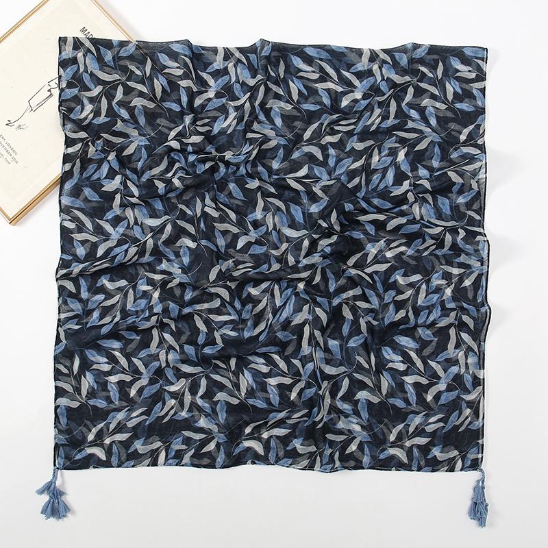 Temperament Tassel Scarf Shawl Wrap Women Cotton Viscose Stoles Leaf Print Nackerchief Thin Travel Head Scarf Pashmina