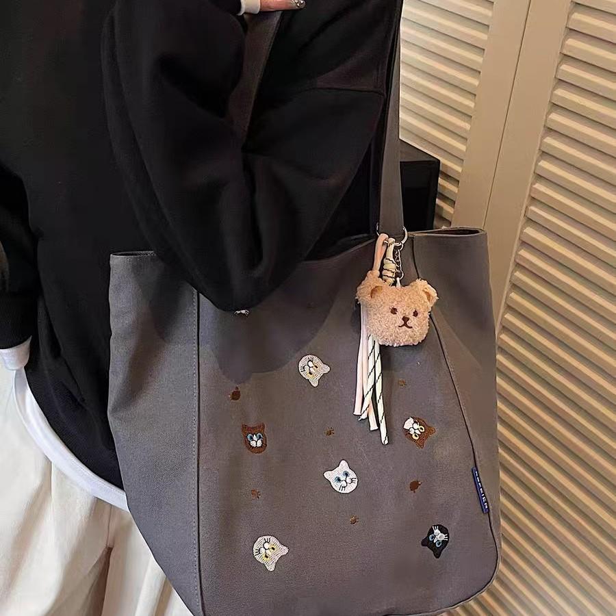 Cute Embroidery Cartoon Canvas Shoulder Bag Simple Casual Large Capacity Vintage Commuter Tote for Women