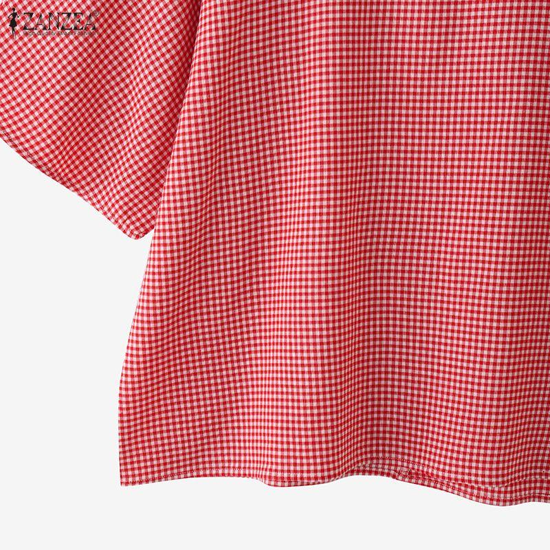 ZANZEA Women Casual Square Collar Half Sleeve Plaid Print Blouse Tops