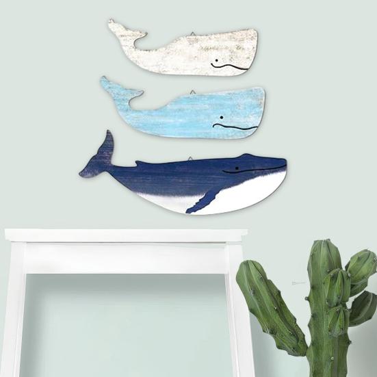 3 Pcs Wood Nautical Wall Decor Rustic Coastal Theme Whale Shark Wall Art Vintage Sea Animal Hanging Ornament for Living Room Bedroom