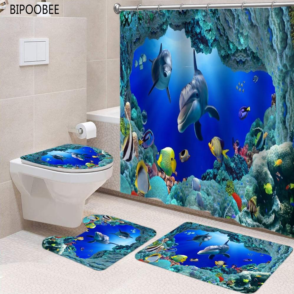 Deep Sea Underwater World Dolphins Plants Fabric Shower Curtain Set Bath Decor Deep Sea Underwater World Dolphins Plants Fabric Shower Curtain Set Bath Decor