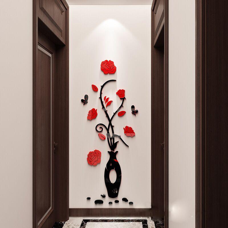 Rose Vase Acrylic Mirror Wall Stickers Plum Blossom DIY Art Wall Decal Living Room Bedroom Home Flower Wallpaper Decor