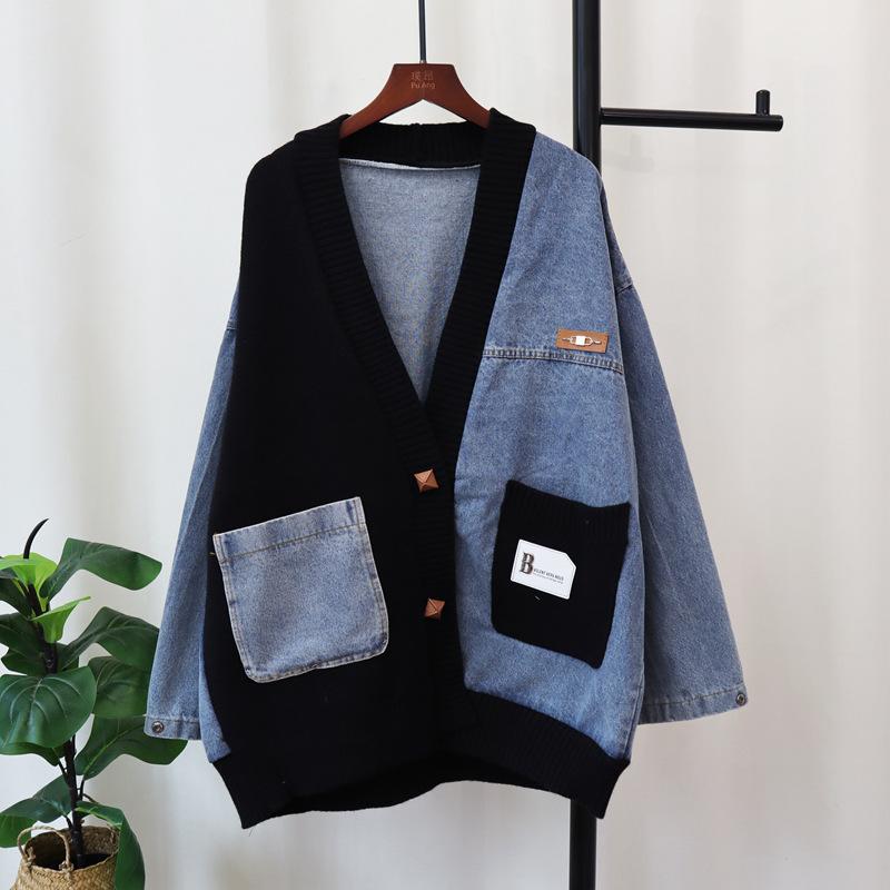 Autumn and Winter New Loose Lazy Wind Denim Splicing Design Sense Knitted Cardigan Women's Sweater Jacket