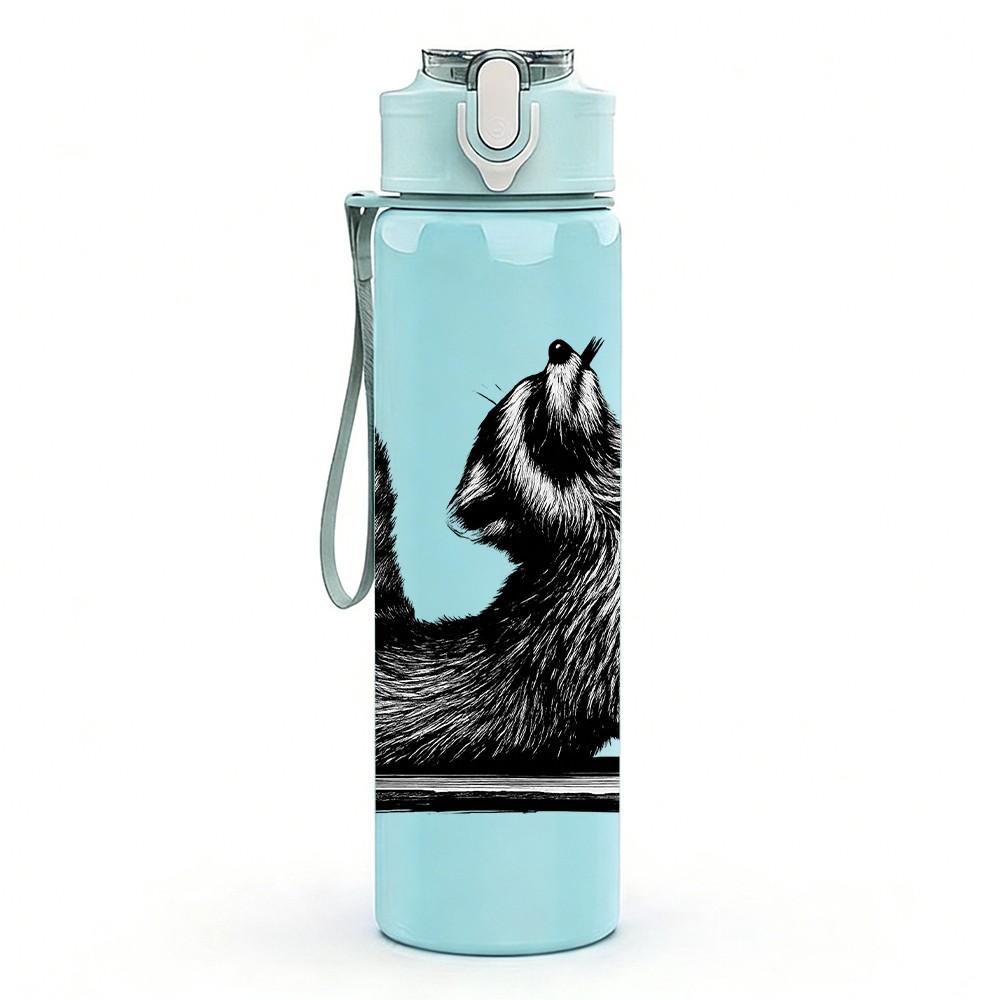 1PC Striped Fluffy Raccoon 750ml Color Plastic Sports Water Bottle Leakproof Flip Straw Lid Suitable for Sports Office Home Use