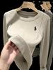 Korean Dongdaemun Embroidered Little Horse Velvet Lined Round Neck Women's T-shirt, Long Sleeve Autumn/Winter Top