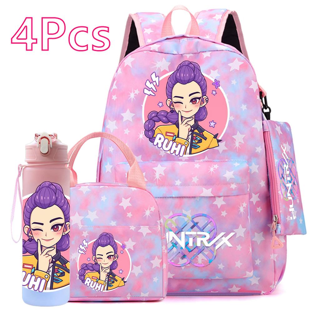 4-teiliges/Set K-POP Bedruckter Rucksack Große Kapazität Schultasche Handtasche Etui Tasche mit 750 ml Wasserflasche Junge Mädchen Schultasche wasserdicht Reisetasche Mochila