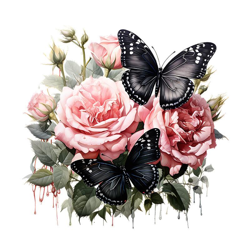 

Pink Rose Black Butterfly Floral Wall Stickers Self Adhesive Peel and Stick Decor for Bathroom Cabinets Refrigerator Doors Home Decoration 30x30cm разноцветный