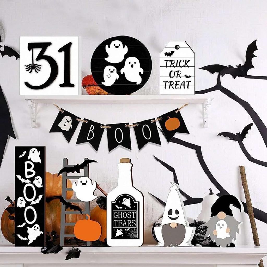Ghost Tiered Tray Decor Wooden Cute Spooky Desktop Decoration for Festival Kitchen Black and White
