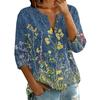 Women's Vintage Floral Print Henley Button Neck Three Quarter Sleeve Linen Cotton Blouse Casual Loose Fit Shirt for Everyday Wear