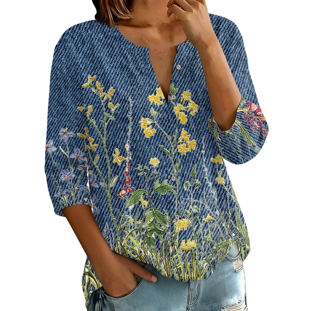 Women's Vintage Floral Print Henley Button Neck Three Quarter Sleeve Linen Cotton Blouse Casual Loose Fit Shirt for Everyday Wear