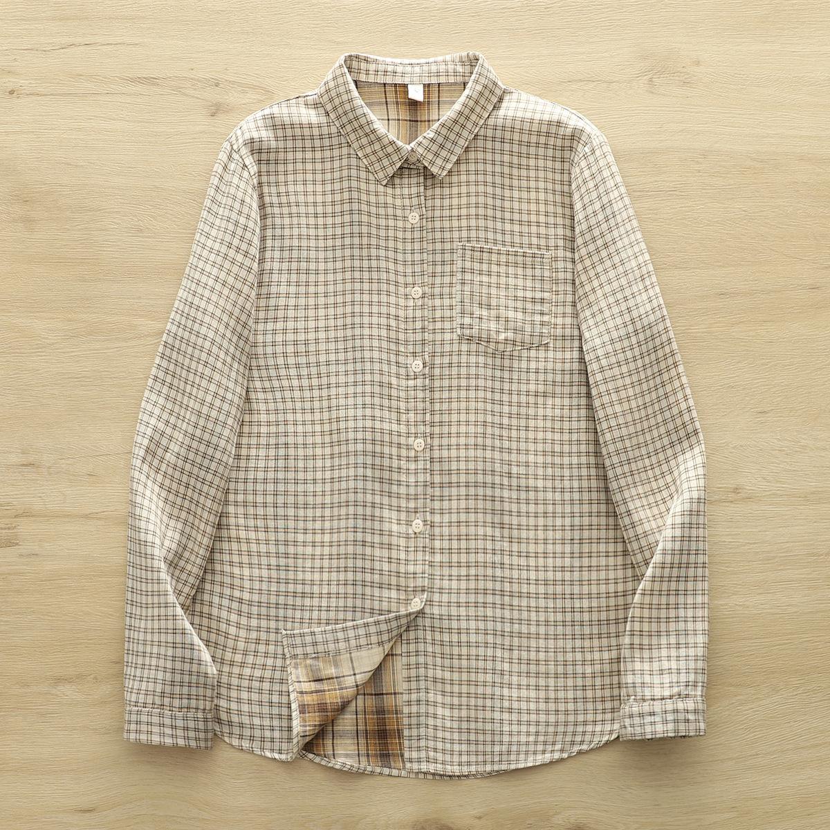 

Весенняя хлопковая пряжа Рубашка с длинным рукавом Женская Отложной воротник Клетка Мори Девушка Ретро Повседневная Свободная Блузка S бежевый