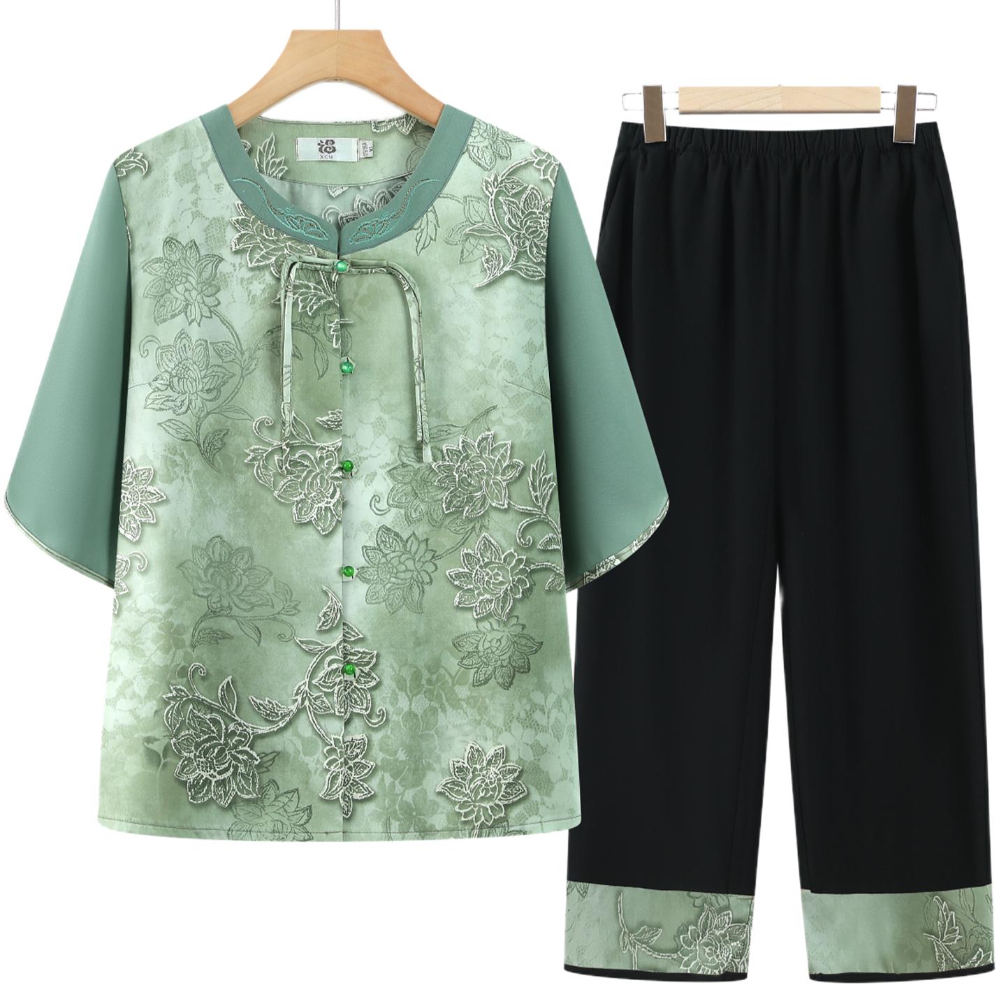 

Stylish Summer Two-Piece Set: Short-Sleeved Shirt for Middle-Aged & Elderly Women 3XL (suggested for 115-130 jin)