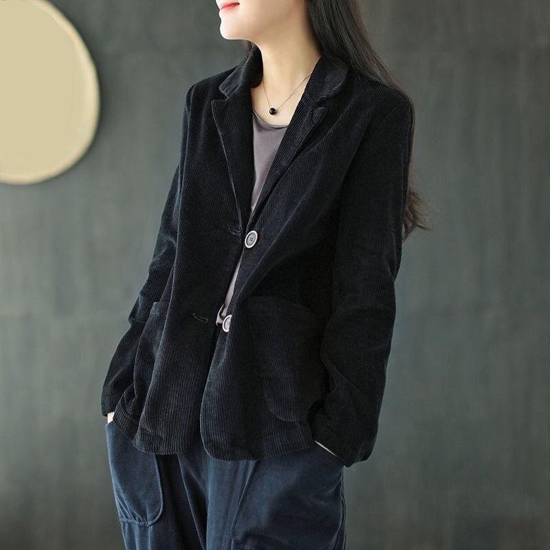 

Осенние вельветовые короткие куртки большого размера, симпатичные однотонные, с длинными рукавами, воротником-лацканами, с длинными рукавами, повседневные, с двумя карманами, кардиган, пальто XXXL чёрный