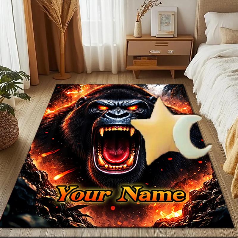 1PC Custom Name Gorilla Roar Fire Artwork Theme Floor Mat Ideal for Living Room, Game Rooms, Office, Bedroom,Floor Mat Playful Design