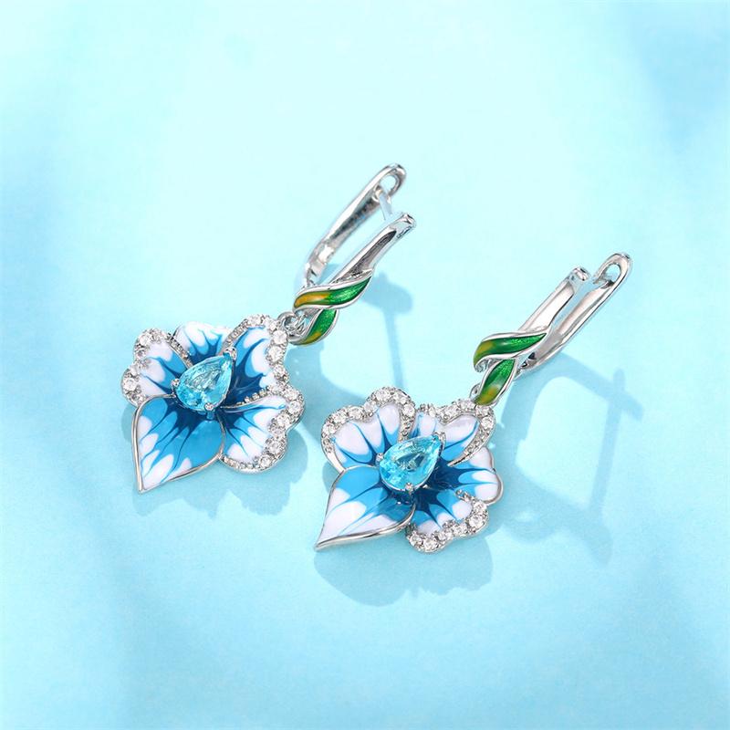 Huitan Handmade Blue Flower Drop Earrings for Women Creative Enamel Design Aesthetic Female Ear Accessories Party Trendy Zircon