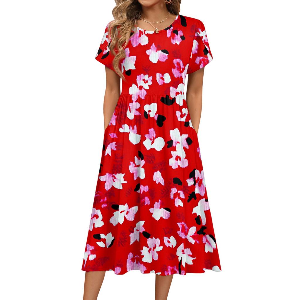 Damenmode Sommer Rundhals Kurzarm Blumendruck Strandkleider