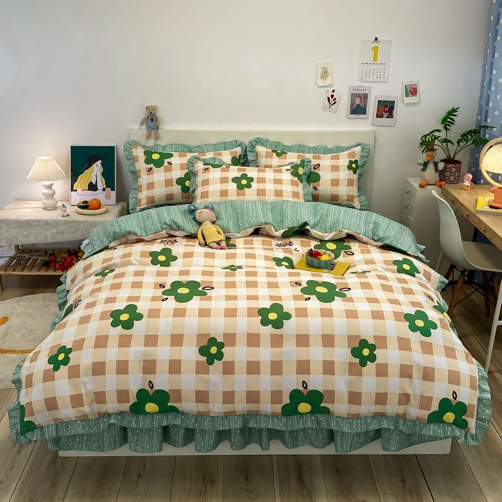 Korean Style Bed Skirt Four-piece Set Pure Cotton Edge Bed Sheet Thickened Plant Cashmere Brushed Skin-friendly Bedding