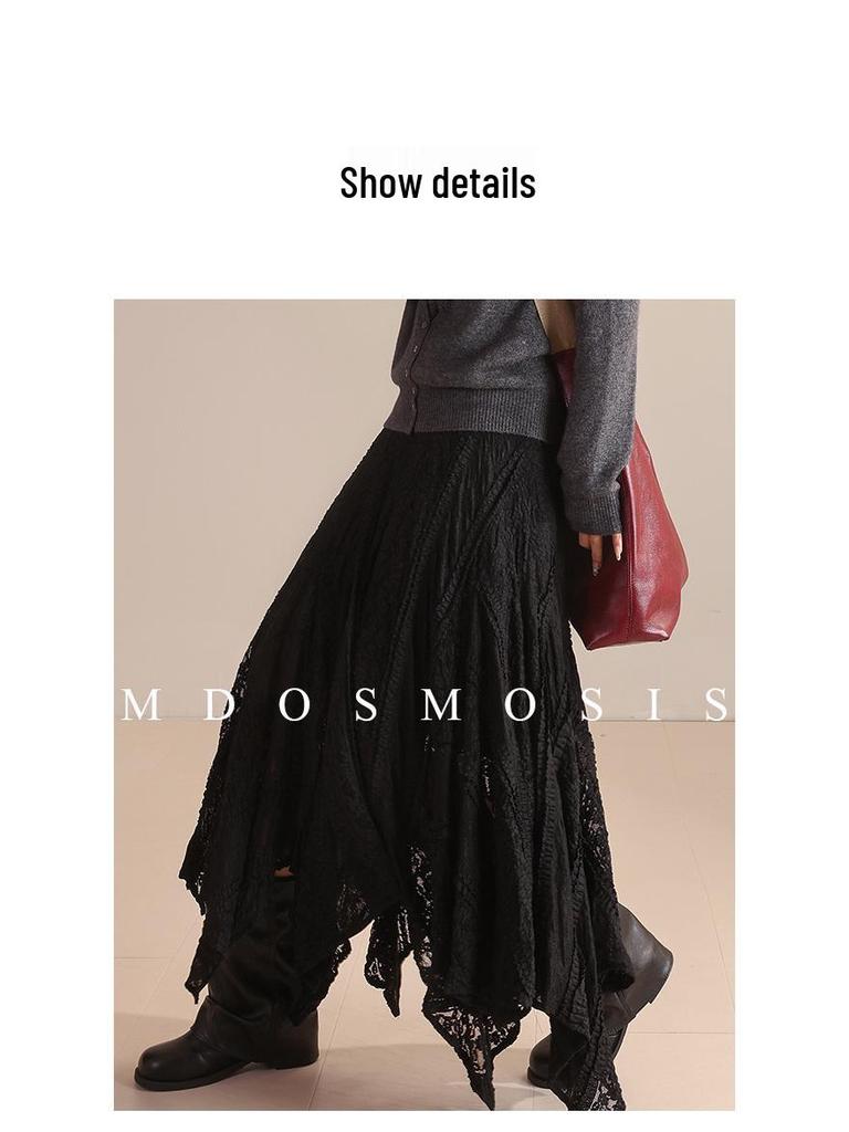 Octagonal Knit Lace Skirt with Elastic Waistband and Irregular Hem - Spring/Autumn 