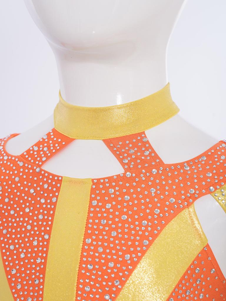 Top de Ginástica Acrobática Dança para Meninas Manga Longa Brilhante Strass Design Bloco de Cores Recorte nas Costas Transpassadas Top Cropped