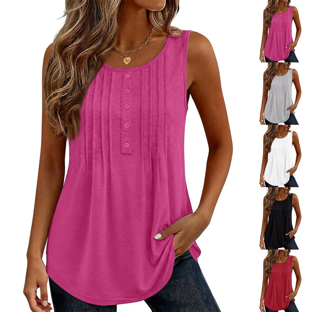 Women’s Sleeveless Button Front Pleated Tank Top Casual Loose Fit Round Neck Summer Blouse with Pocket Design