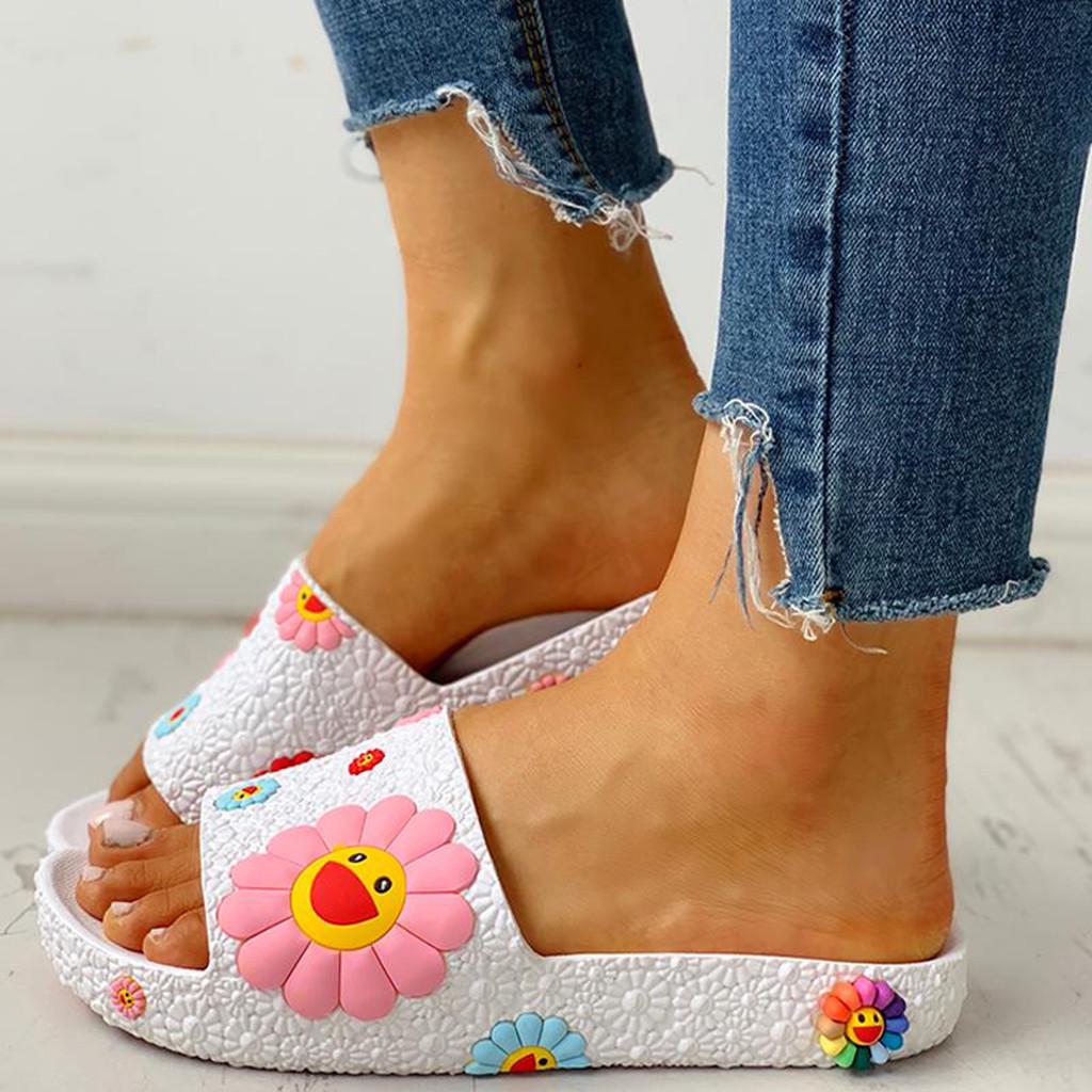 Dámská móda Barevný slunečnicový vzor Domácí obuv Plážové pantofle Skluzavky
