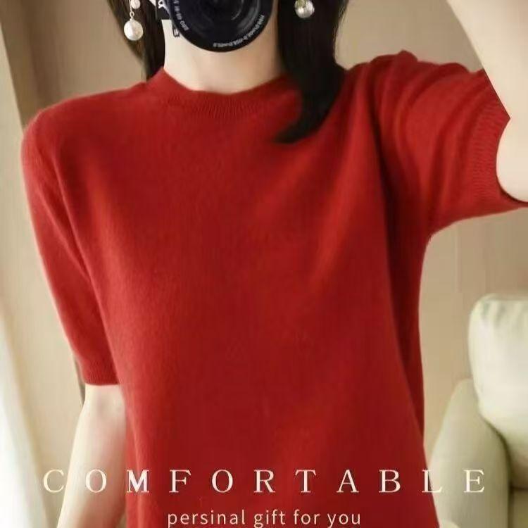 Loose Women's Round Neck Short Sleeve Knitted Sweater T-Shirt Base Layer Spring Autumn Short Top
