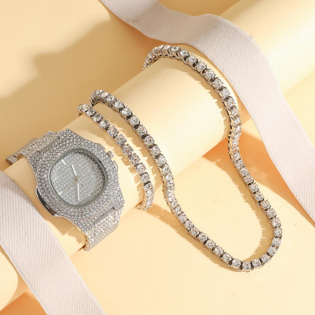 No Gift Box; Silver-gray Ladies' Quartz Watch Strap with Diamond Jewelry Set of Three Pieces, Suitable for Holiday Gifts.