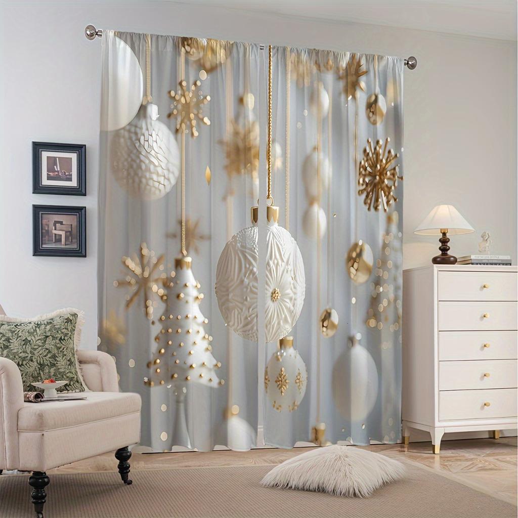 2PCS Elegant Cortinas Gold and White Christmas Ball Christmas Tree Snowman Print Curtains for Bedroom Living Room Decoration