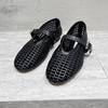 Sheepskin Version~ New European Genuine Leather Flat-bottomed One-word Buckle Woven Single Shoes British Low-heeled Shallow-mouth Mary Jane Shoes