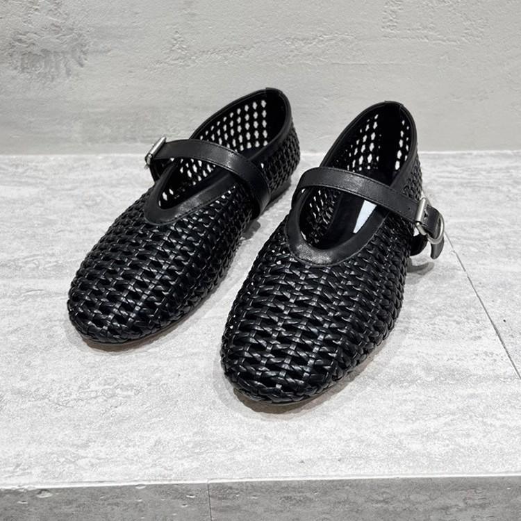 Sheepskin Version~ New European Genuine Leather Flat-bottomed One-word Buckle Woven Single Shoes British Low-heeled Shallow-mouth Mary Jane Shoes