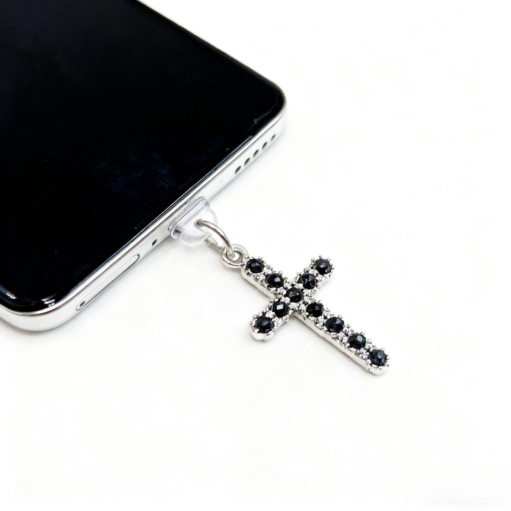 1 ks Černobílý křížek s kamínky na telefon, Zátka proti prachu na telefon, Kouzlo, Spojení retro a módy, Vynikající telefonní příslušenství, Zátka proti prachu