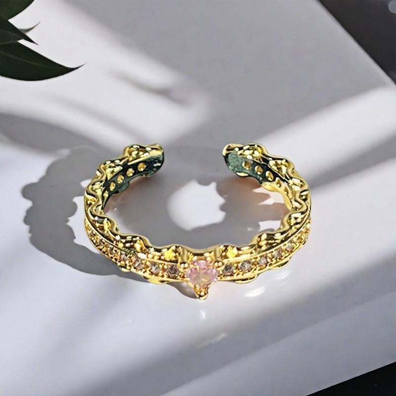 Sweet Girl Heart Pink Love Zircon Crown Open Ring Niche Design Light Luxury High Sense Fashion Ring