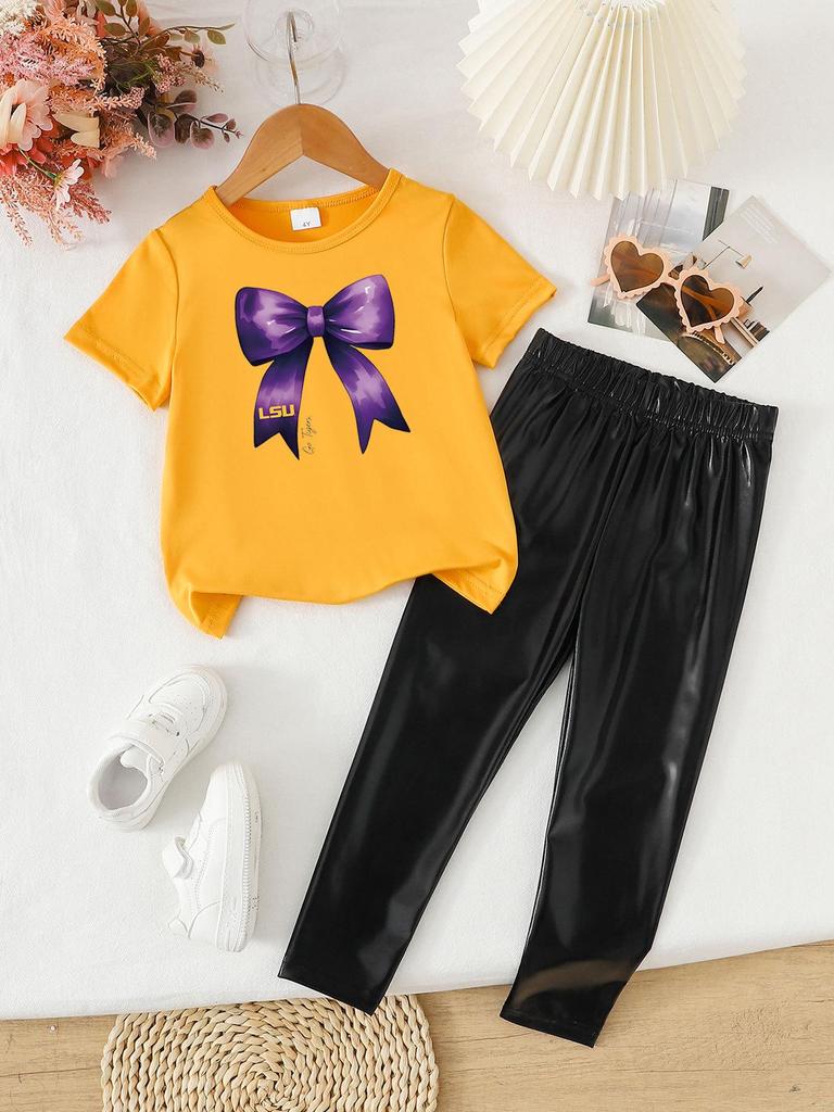 Summer Girls' Two-Piece Set: Fashionable Printed Short Sleeve Top & Long Pants