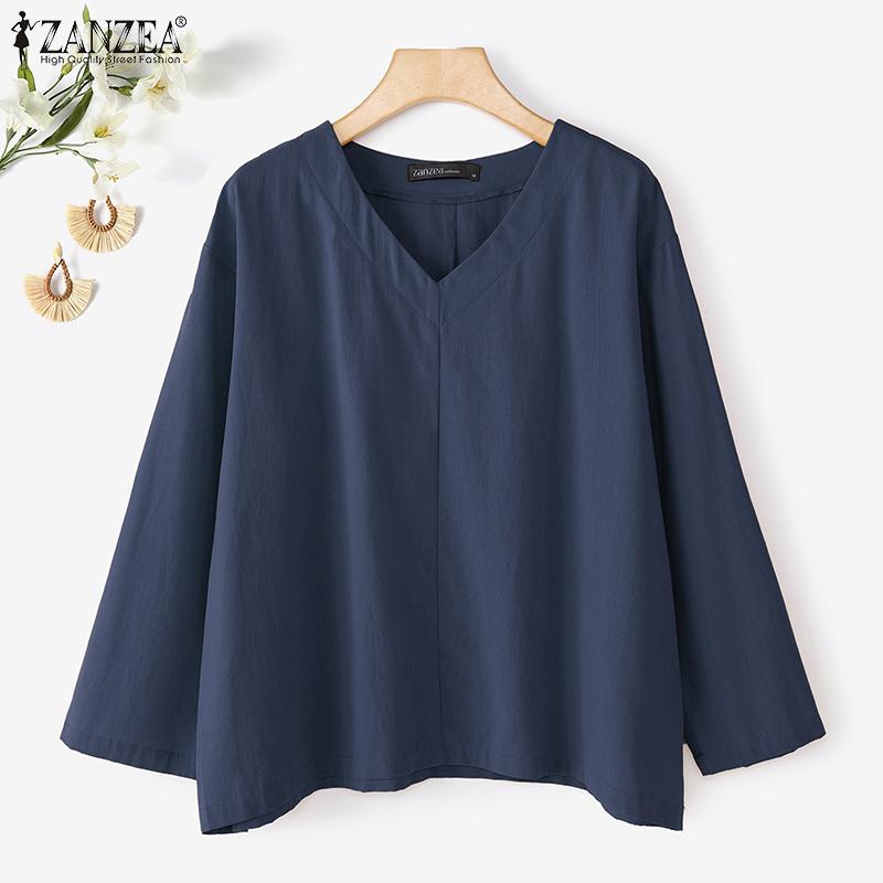 ZANZEA Women Loose Casual V-Neck Solid Color 3/4 Sleeve Cotton Blouse