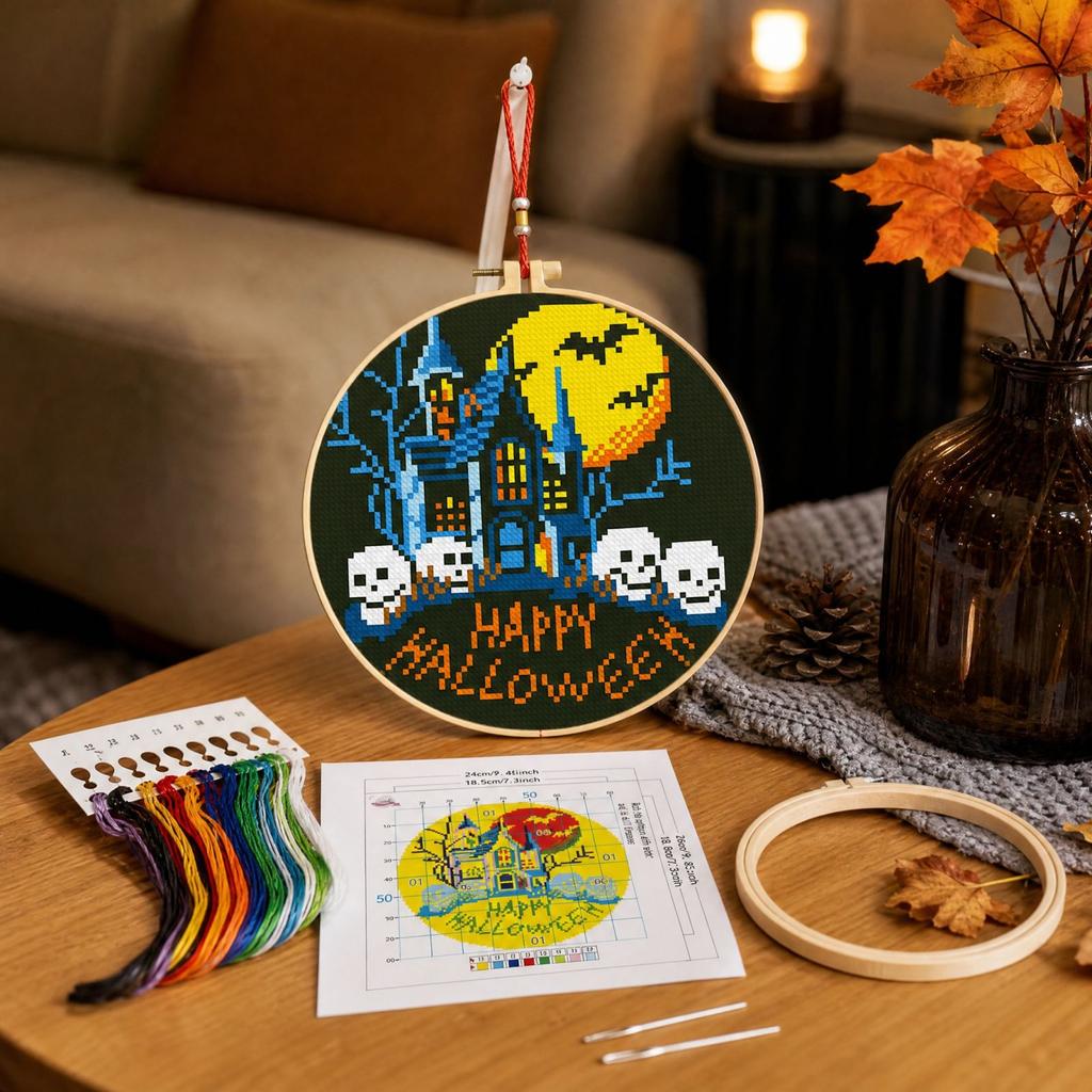 Halloween Cross Kit with Pumpkin and Pattern for Beginners DIY Hanging Ornament