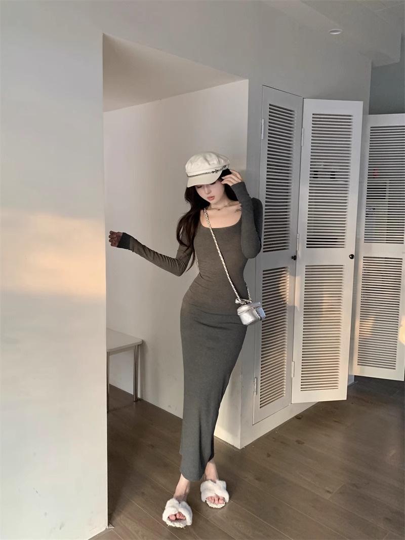 Women s Gray Long-Sleeved Square Neck Mermaid Dress - Spring 2026 Collection One Size