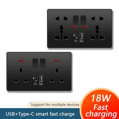 Universal 18W Fast Type C Wall 220V Power Outlet plug,UK Black 13A Socket Switch,Electrical Wall Socket Panel with USB Charger