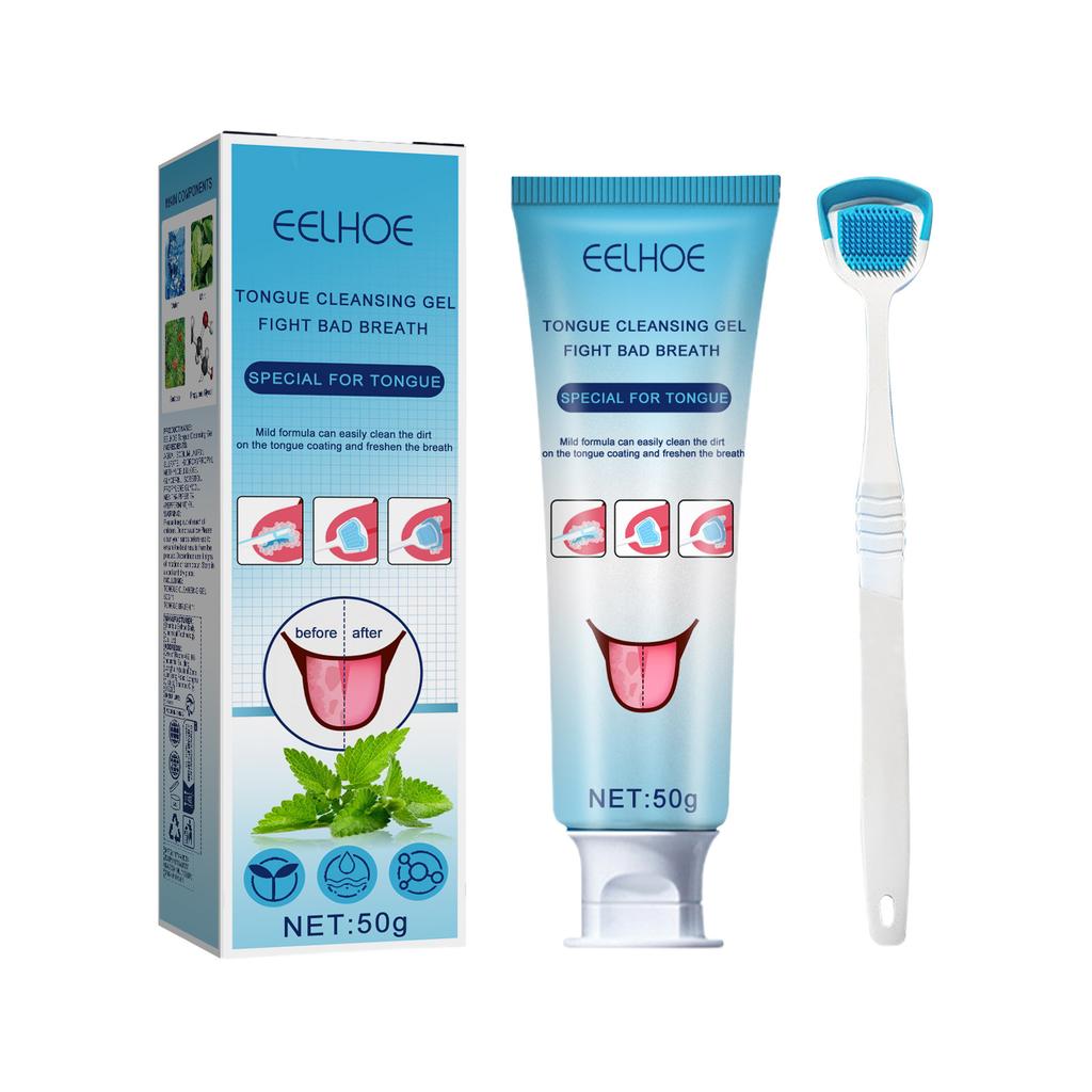 Kit de nettoyage de la langue avec gel nettoyant et brosse Système de soins bucco-dentaires pour une haleine fraîche pour l'hygiène dentaire et le traitement de la mauvaise haleine (50 grammes)
