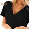 Women Tops Short Sleeve V-Neck Pleated Hem Tee Shirt Solid Color Draped T-Shirt with Side Buttons Daily Wear