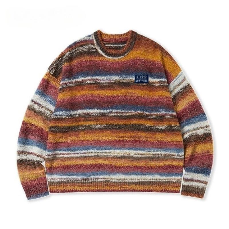 

Осенний новый свитер с цветной полоской и круглым вырезом для пары, мужской пуловер свободного и ленивого стиля с круглым вырезом, вязаный свитер M красный