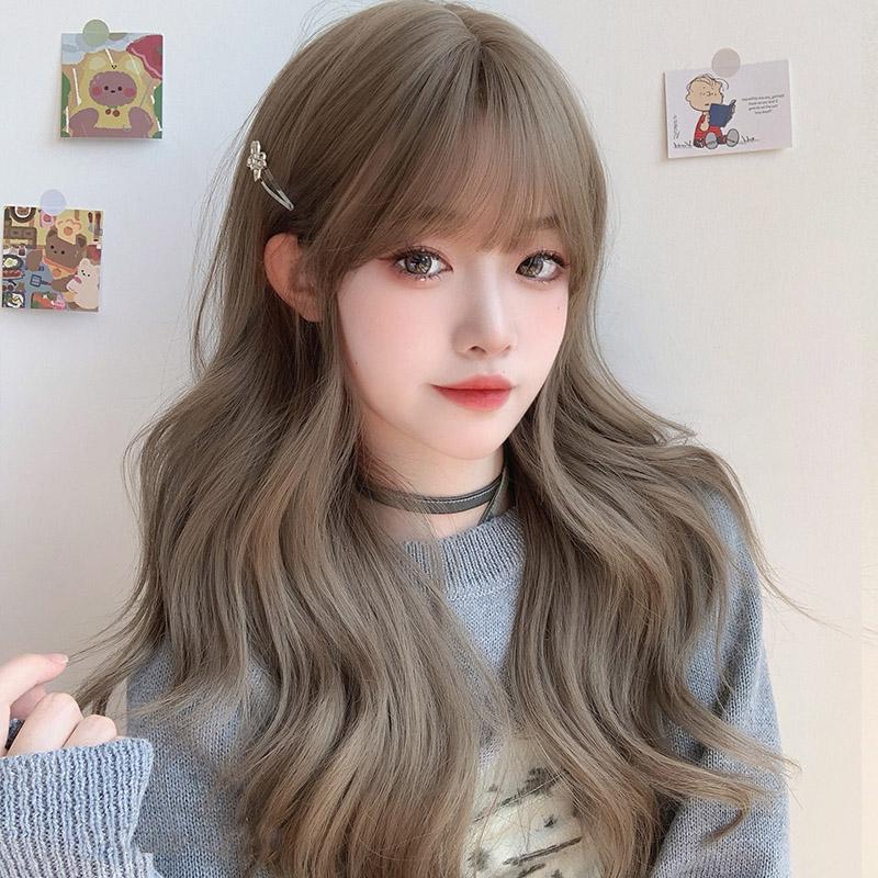 Bybrana Lange dunkelbraune Damenperücken mit Pony, Wasserwelle, hitzebeständige synthetische Perücken für Frauen