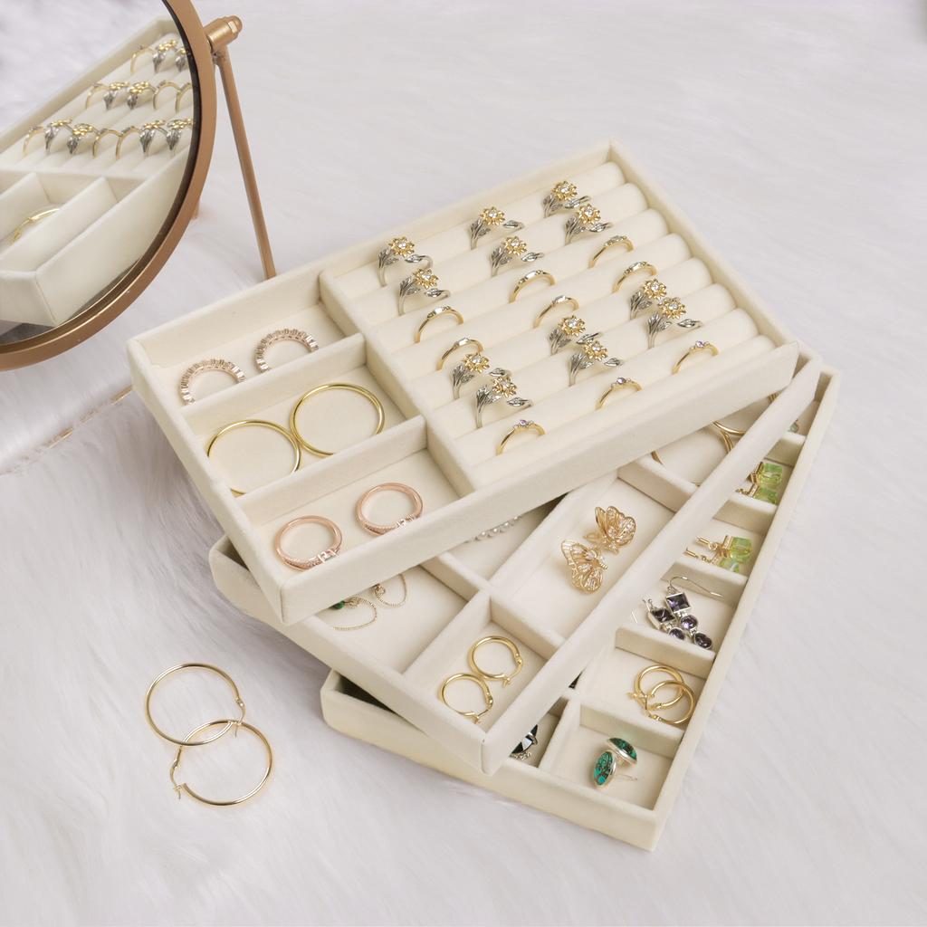 Vassoio Espositore Porta Gioielli in Velluto Cassetto Portaoggetti Porta Gioielli per Anelli Orecchini Collana Bracciale Organizer in Morbido Velluto