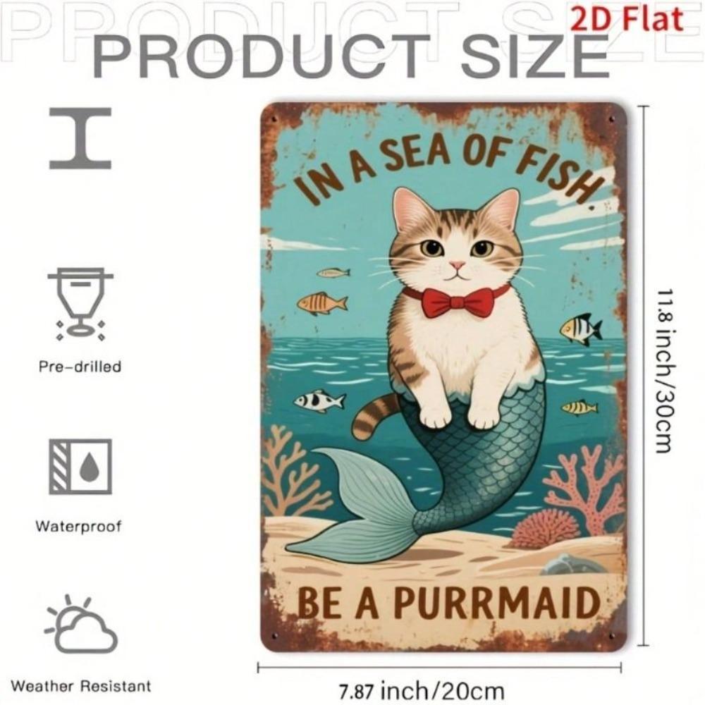 Metal Wall Art Cat Mermaid Vintage Sign Home Decor 7.8x11.8 inch