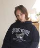[Fleece Lined] Flying British Cat Cat Graphic Logo Over Hoodie Navy