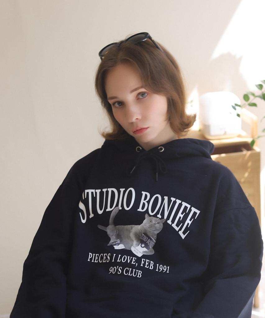 [Fleece Lined] Flying British Cat Cat Graphic Logo Over Hoodie Navy