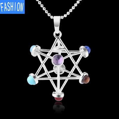 Religious Mystery Three Dimensional Hollowed Out Melkaba Hexagram Energy Geometric Crystal Pendant Necklace Seven Chakras