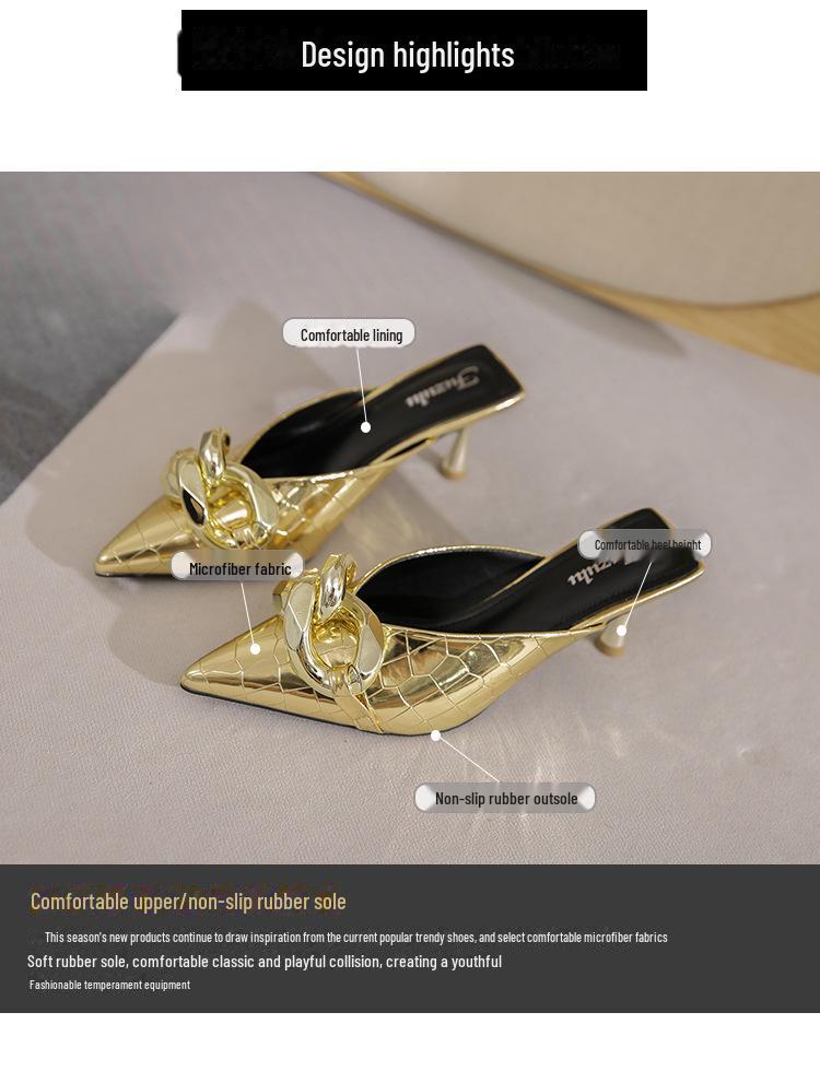 Silver Chain High Heel Baotou Sandals for Women - European & American Summer 2023 Collection