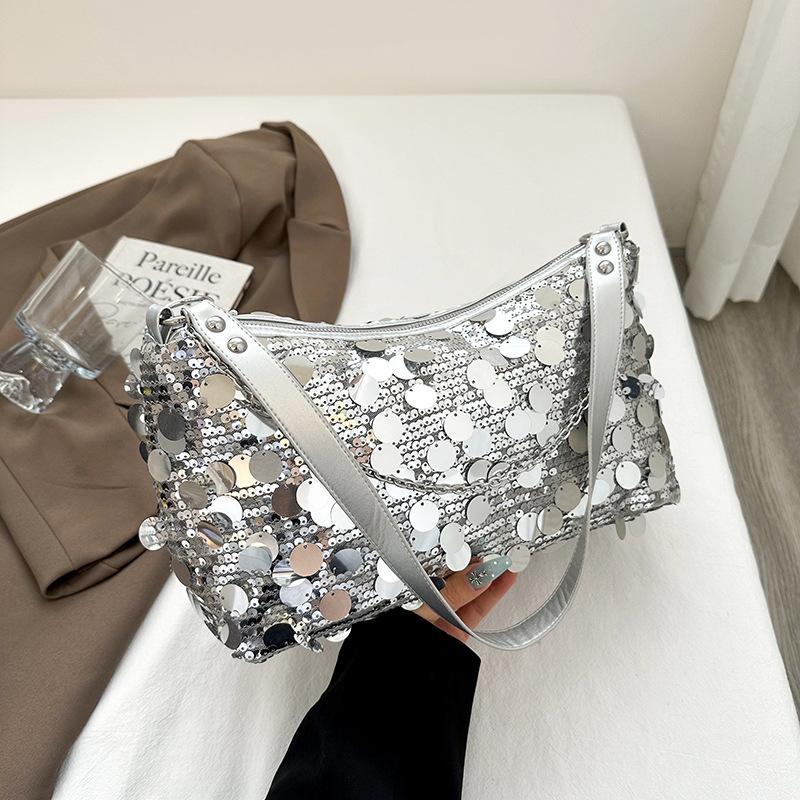 

Niche design bag women s fashion versatile high-end sequins dinner bag summer underarm bag satchel срібний